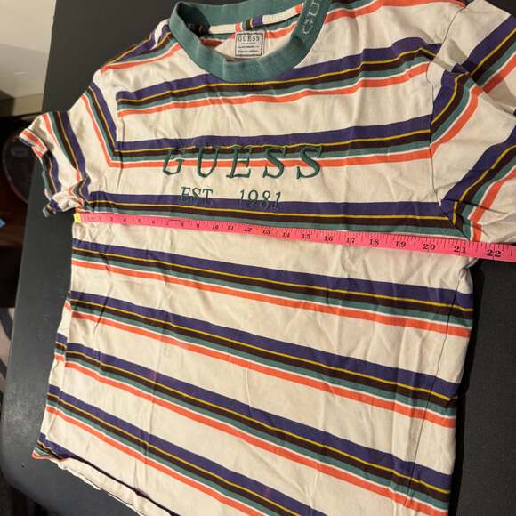 Vintage 90s Guess Originals Multi-Color Striped Embroidered Logo T-Shirt - Picture 4 of 5